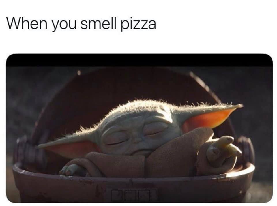 This meme is a humorous image of a character from the Star Wars franchise, Grogu (also known as Baby Yoda), with his eyes closed and a peaceful expression. The text "When you smell pizza" is written above the image, implying that the character is so delighted by the scent of pizza that he's fallen asleep from pleasure. The meme is a lighthearted and relatable take on the universal love of pizza.